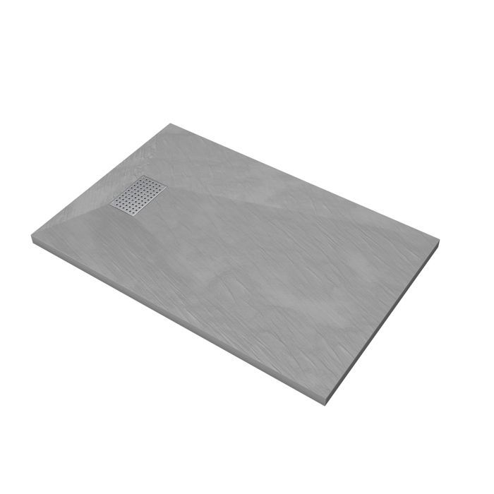 Plato de ducha con efecto piedra gris de 90x140 cm y rejilla decorativa perforada de acero inoxidable.
