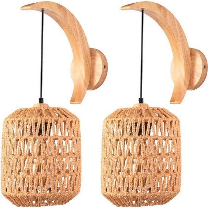 WOTTES Applique Murale Intérieure Rétro Lanterne 2PCS,Corde De Chanvre Applique Rotin Et MéTal E27 Pour Table De Chevet Salon