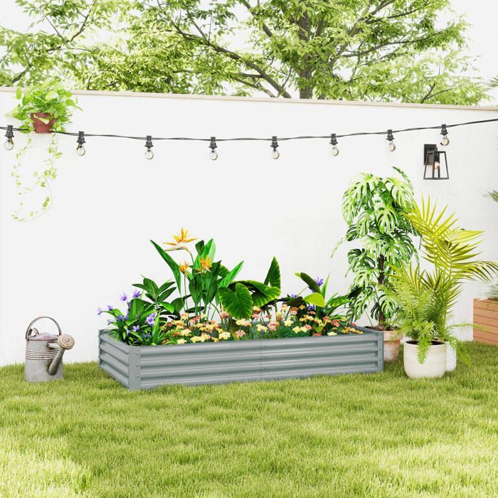 Raised garden bed - Outsunny - open bottom - with anti-cut edge, support bars - galvanized steel 180 x 90 x 30 cm - silver grey