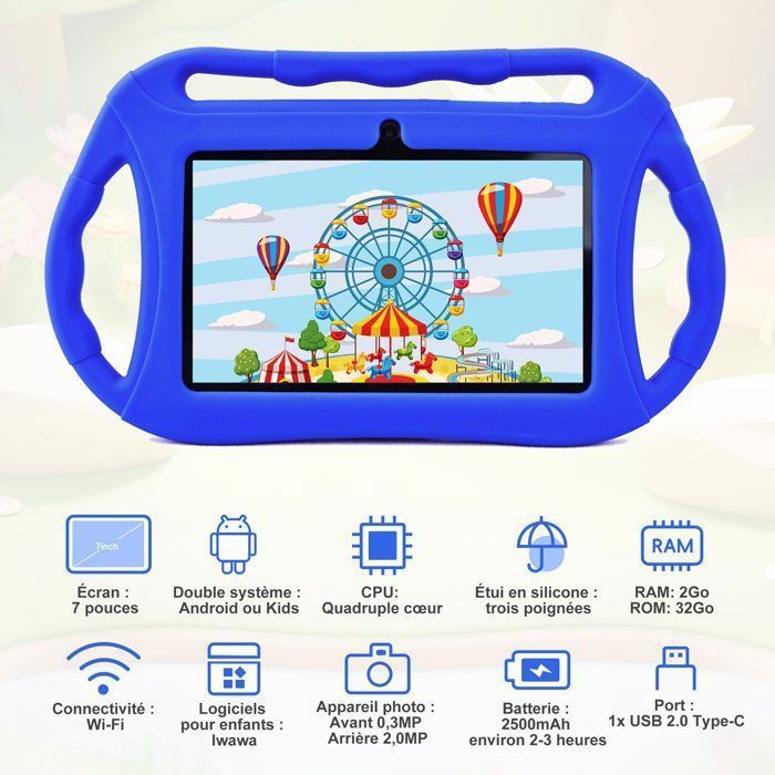 Tablet infantil Veidoo de 7 polegadas, tablet Android, 2 GB + 32 GB, tela sensível ao toque HD de 1024 x 600, tablet educacional com Wi-Fi - Azul escuro