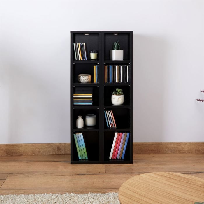 MUSIC modular shelving for CDs and DVDs, set of 2 column storage units with 10 compartments, in matte black melamine