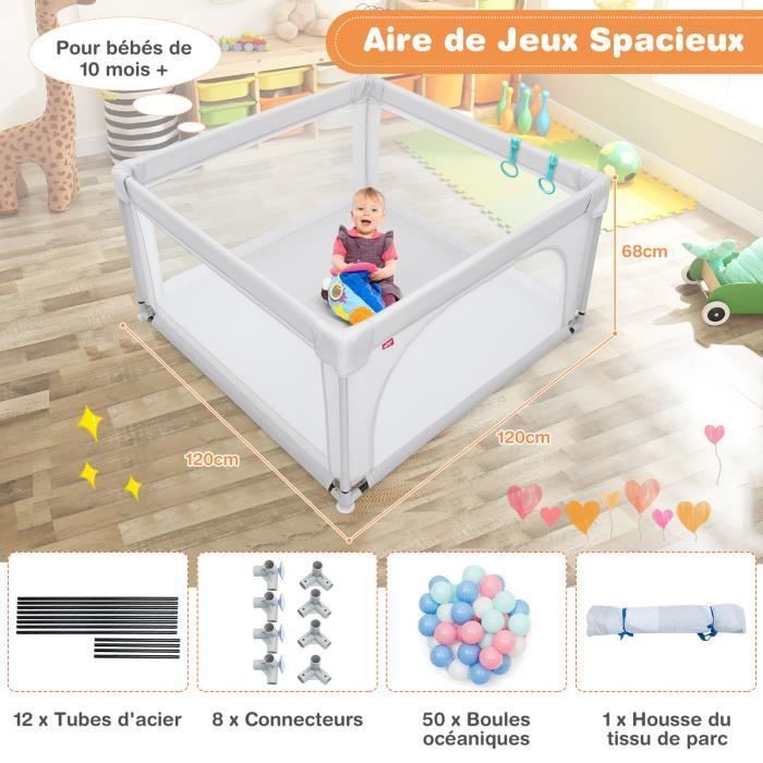 Cercadinho infantil DREAMADE com grade de segurança, abertura com zíper, 50 bolinhas, base antiderrapante, cinza.