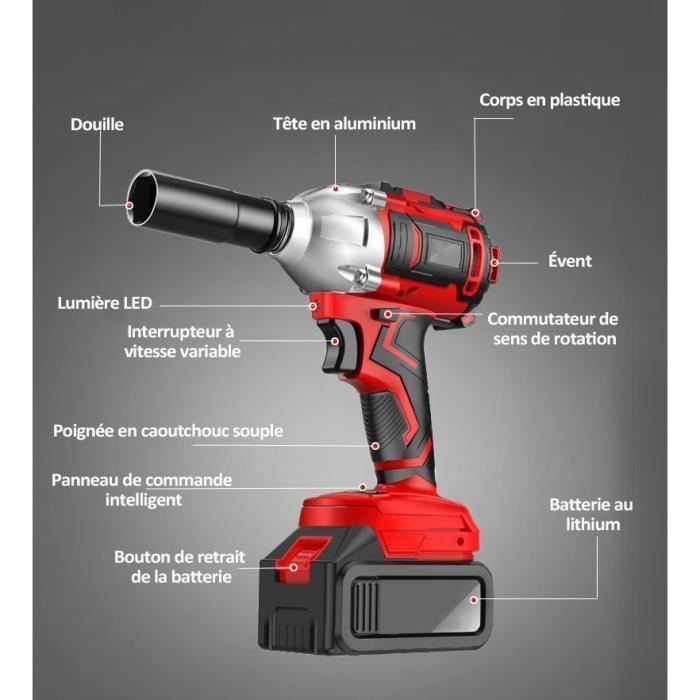 Llave de impacto inalámbrica, taladro atornillador inalámbrico - con 2 baterías de 24 V, 350 Nm, 0-3000 RPM, luz LED