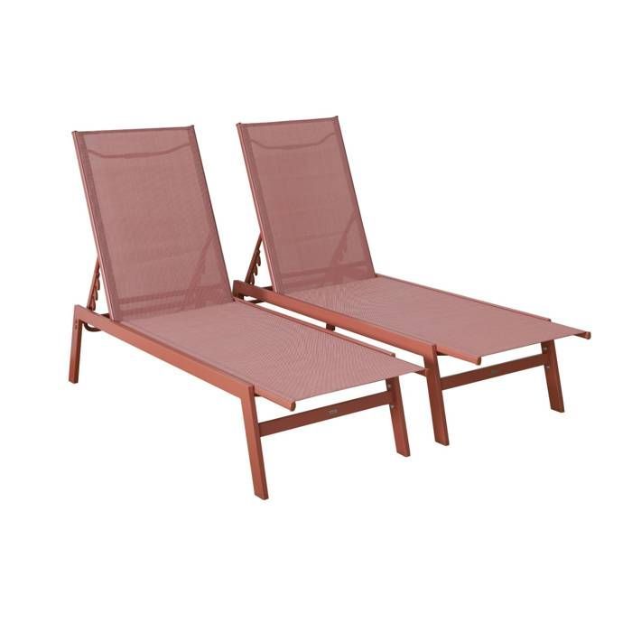 Lot de 2 transats terracotta. 5 positions. en textilène et métal. FLORA.  L155 x P59 x H106cm