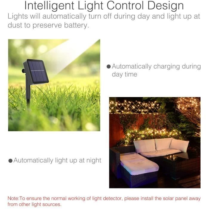 Guirnalda de luces solares - 12 m, 100 LED - Resistente al agua - Ideal para jardín, patio, árbol de Navidad y decoración de fiestas.
