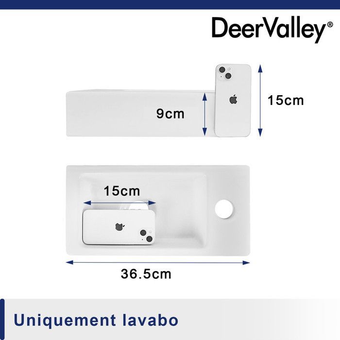 Lavabo rettangolare a parete DeerValley, bianco, foro per rubinetto a destra, 36,5x18x9 cm, DV-1V081R