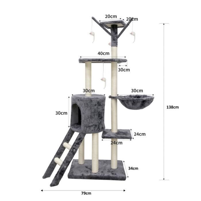 Árbol rascador para gatos JIPSY gris, 79 x 34 x 138 cm - 3 plataformas, 1 percha, 1 escondite, 1 escalera, postes rascadores