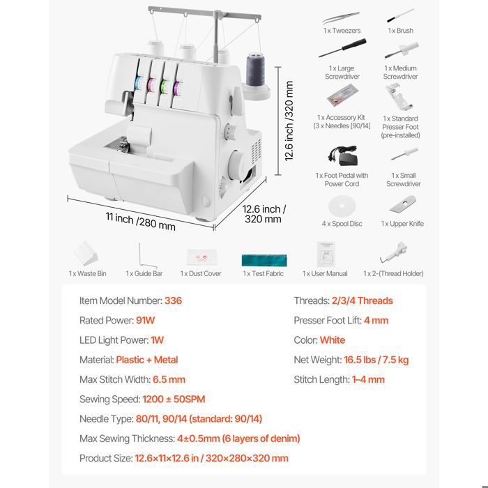 Duoku Overlock Machine 1250 Stitches per Minute - 2/3/4 Thread - Compatible with Various Fabrics - White