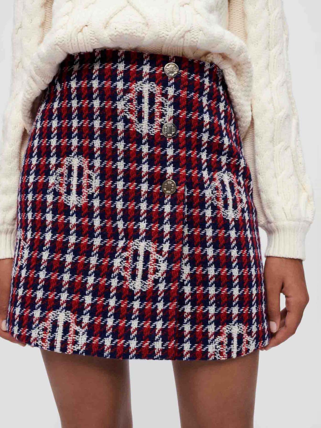 Rok van jacquardstof met klaverruitjes - Marineblauw/Rood