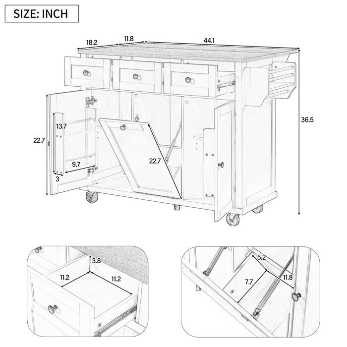 Kücheninsel mit integriertem Mülleimerfach und Schubladen, ausziehbarer Esstisch 112×46,2–76,2×92,7 cm, grau und natur