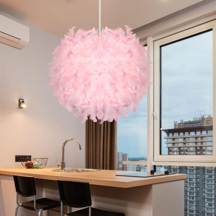 Hanglamp met verenmotief - WOTTES - Moderne kroonluchter met roze kap Ø30cm - Slaapkamer - Buiten