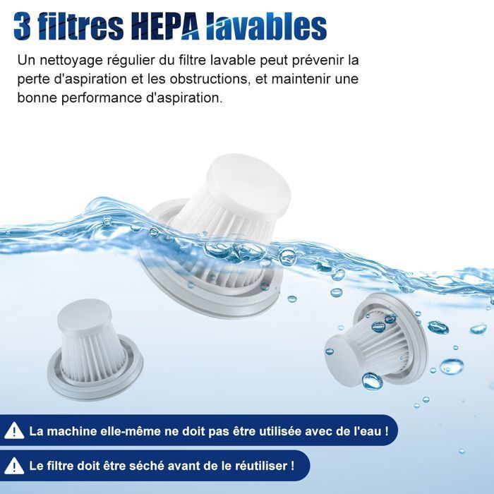 Aspirateur à Main - KNKA - 9000Pa - Sans Fil Rechargeable - 3 Filtres HEPA - 6 Buses Interchangeables