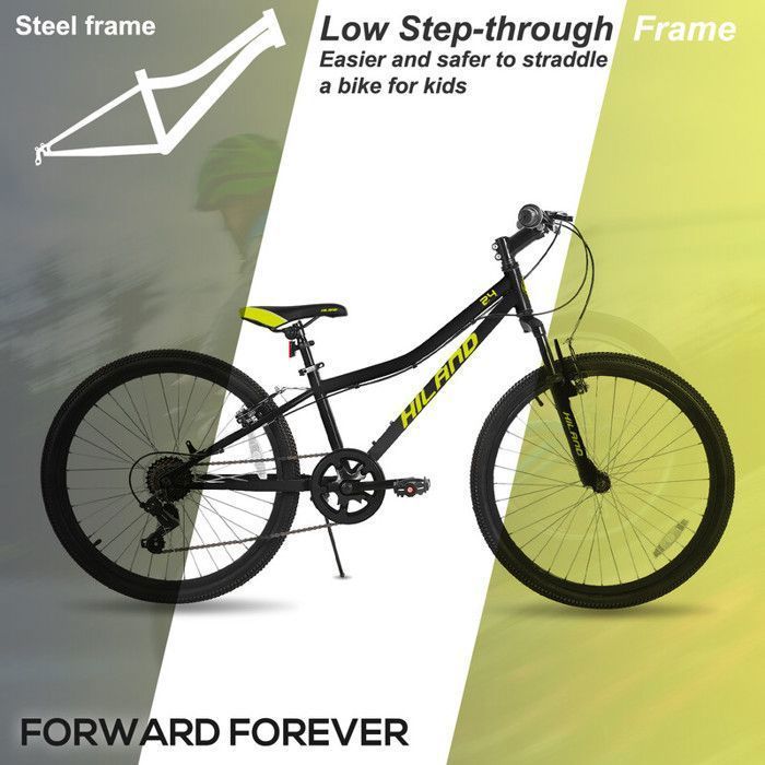 Hiland 24-inch kinderfiets, Shimano 7-speed derailleur, unisex mountainbike, verende voorvork, V-remmen - zwart
