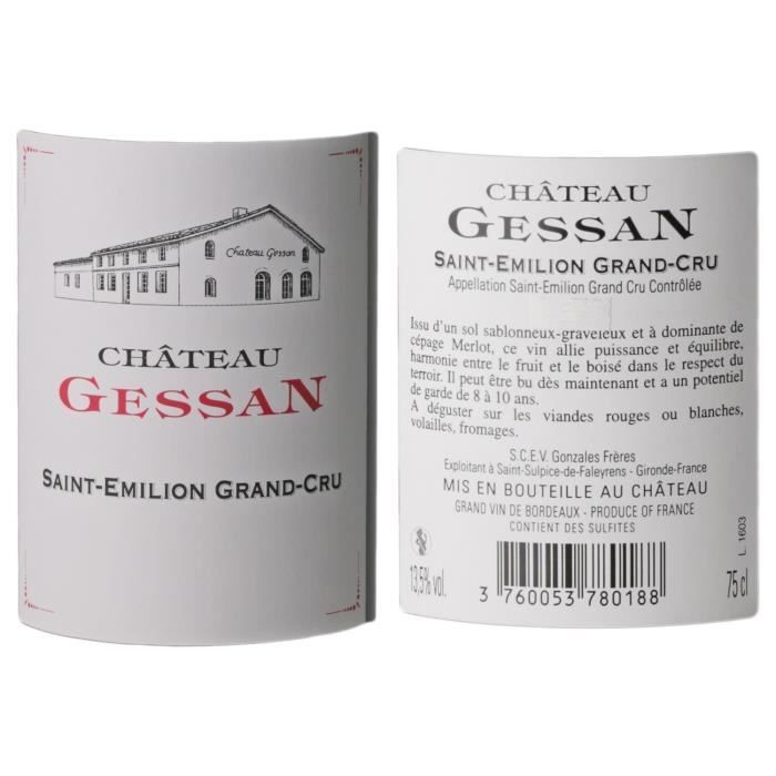 Château Gessan Rouge 2016 - Lot de 6x75cl - Vin Rouge de Bordeaux - Appellation AOC Saint-Emilion Grand Cru - Cépages Merlot,