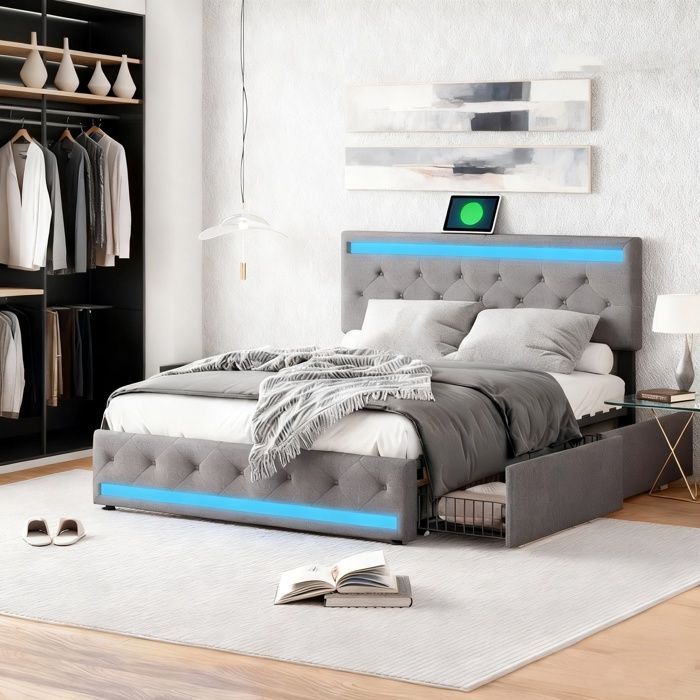 Cama doble de 180 x 200 cm, cama individual de 180 x 200 cm con 4 cajones, puerto USB e iluminación LED, estructura de cama con cabecero, color gris oscuro, tapizada en tela.