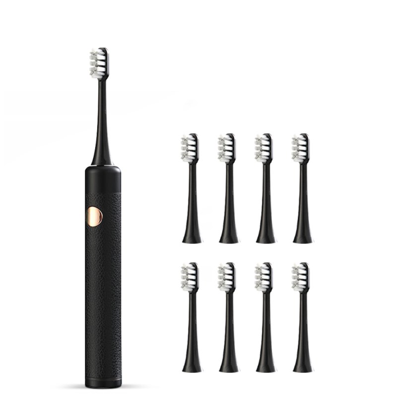Brosse à dents électrique avec revêtement en cuir texturé, 4 modes de fonctionnement, rechargeable par USB, étanche et 8 têtes de brosse de rechange.