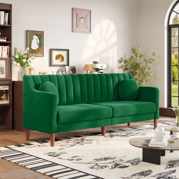 Large 3-Seater Velvet Sofa with 2 Pillows, Scandinavian Style Sofa for Living Room, Bedroom, Office, Solid Wood Legs, 206x74x83cm, Green