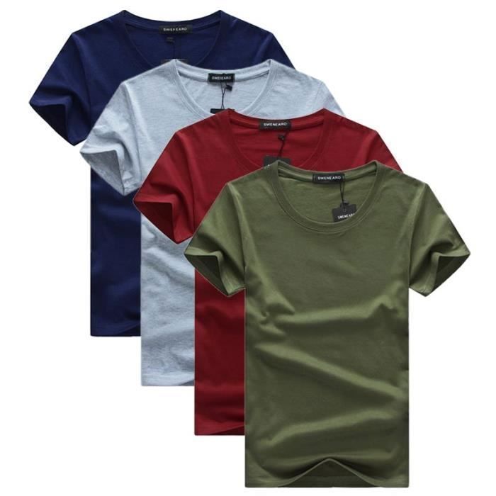 Pack de 4 camisetas de manga corta con cuello redondo y corte recto para hombre - INSFITY - Azul/Gris/Burdeos/Verde