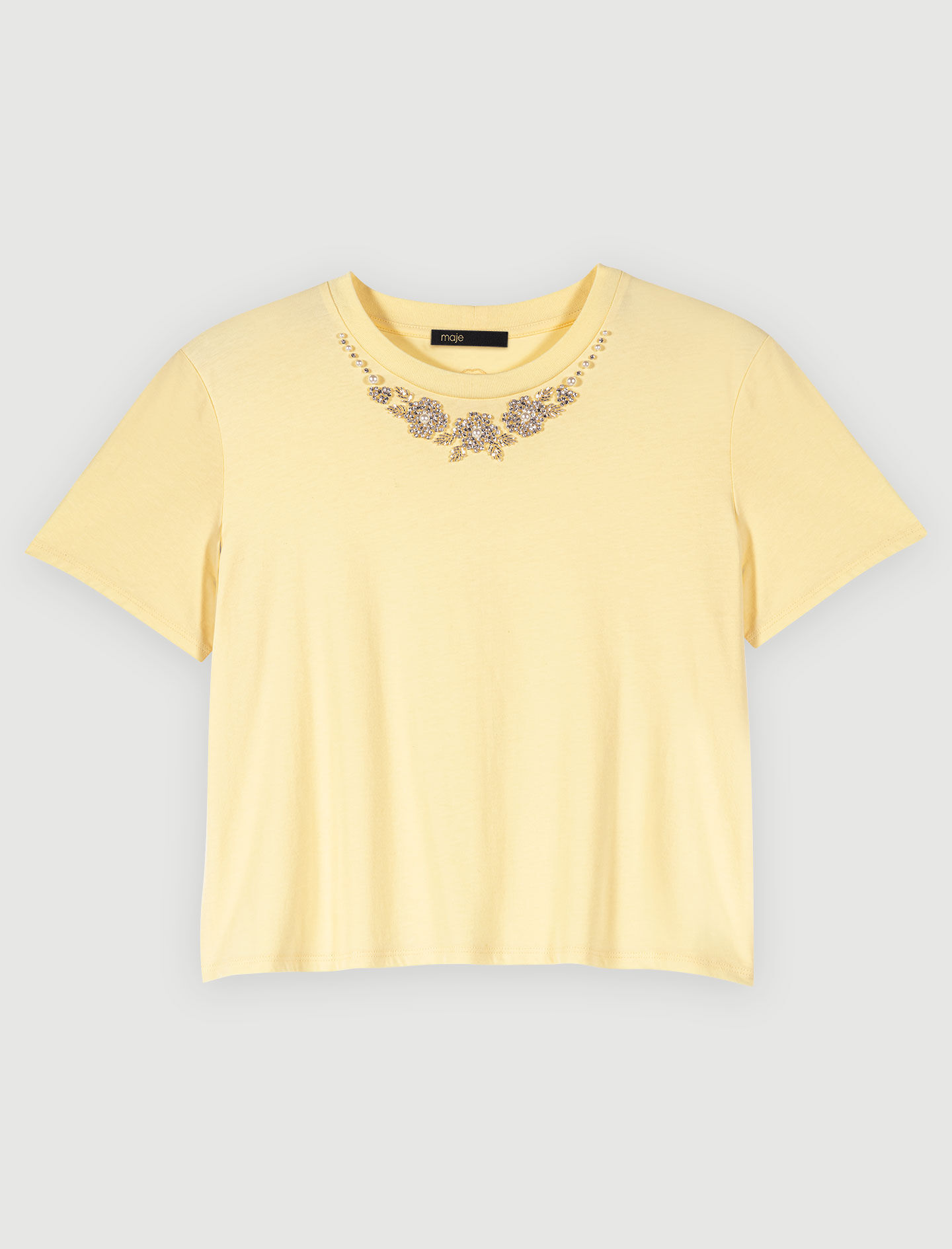 Tricou din bumbac cu decolteu bijuterie - Galben