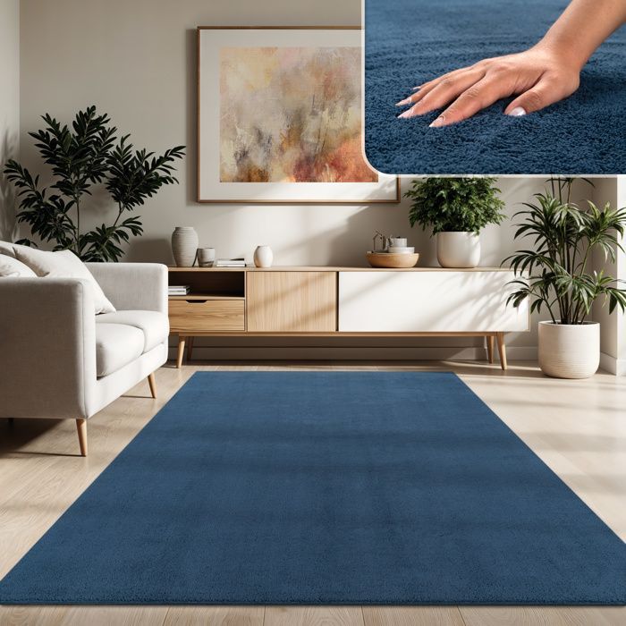 Paco Home Wohnzimmerteppich, Kurzflor, waschbar, einfarbig, moderner Stil, Marineblau, 140 x 200 cm