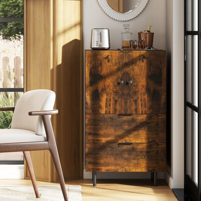 Armario de almacenamiento COSTWAY con cajones, 2 puertas, patas de metal, mueble pequeño para dormitorio, sala de estar, cocina, marrón.