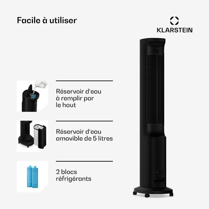 Ventilador enfriador de aire - Klarstein Polar - 300 m³/h - 5 L - 30 m² - 3 modos - 75 W - Control remoto - Aplicación