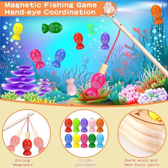 Jeux de pêche en bois - Montessori - 2 ans - Jouet éducatif - Sûr et non toxique - Mixte