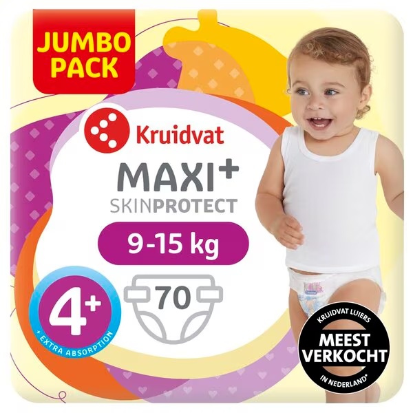 „Kruidvat 4+ Maxi Plus“ sauskelnės, didelė pakuotė, 4+ dydis (9–15 kg), 70 vnt.