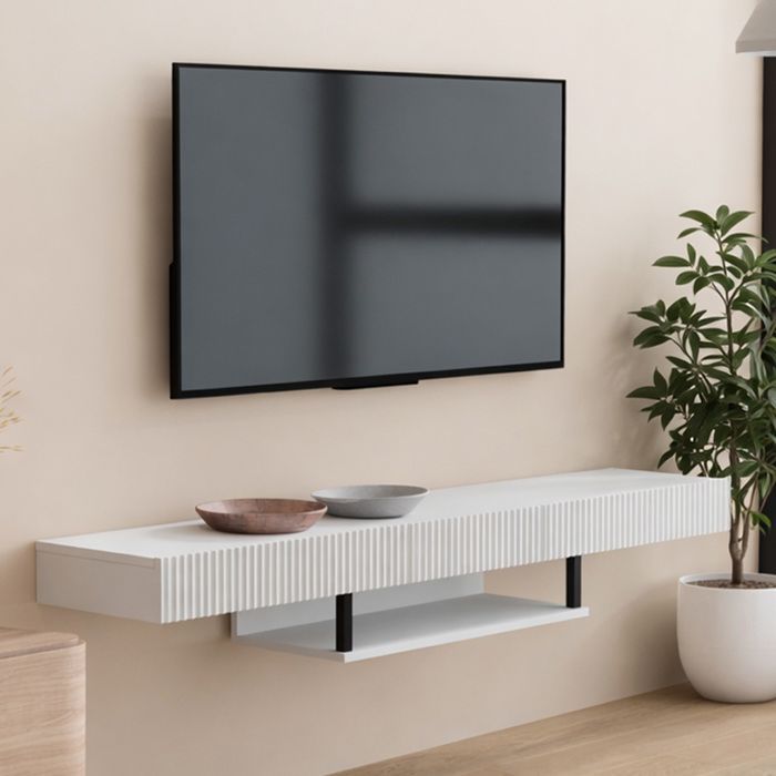 Meuble TV suspendu 1 tiroir | Meuble TV de salon | Modèle Renzo | 150x30x22cm | Couleur Blanc