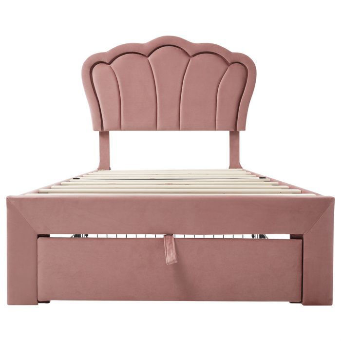 Cama infantil de 90x190 cm con cajón - Control por aplicación LED - Cabecero ajustable - Base de láminas - Terciopelo - Rosa
