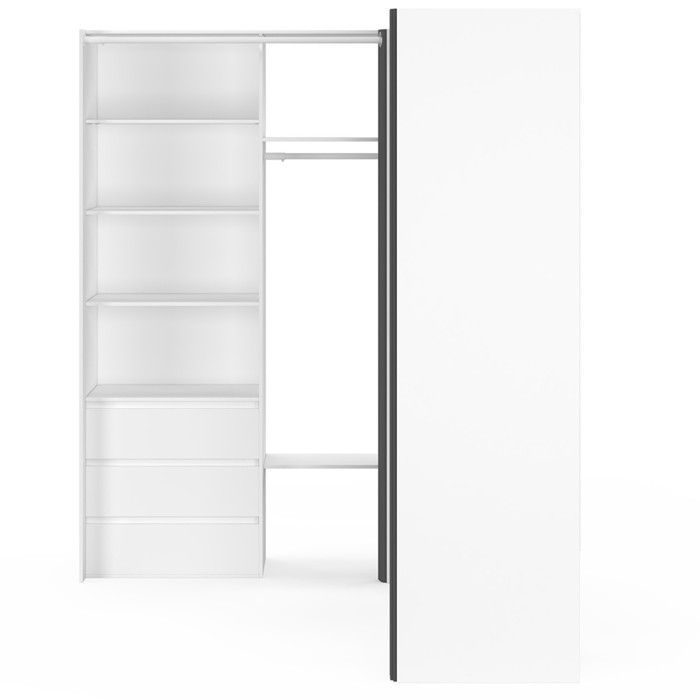 IDMARKET Dressing extensible d'angle MARLON 200 x 150 x 180 cm blanc avec penderies + tiroirs + étagères + rideaux gris