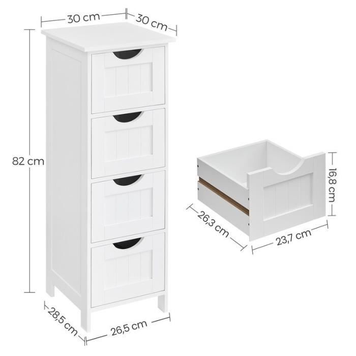 Mobiletto da bagno VASAGLE, 4 cassetti, 30 x 30 x 82 cm, mobiletto basso per il bagno, bianco