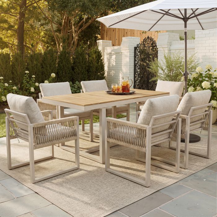 Set da giardino a 6 posti con tavolo e sedie, liberamente combinabili, con cuscini, resistente alle intemperie, 1 tavolo e 6 sedie, beige