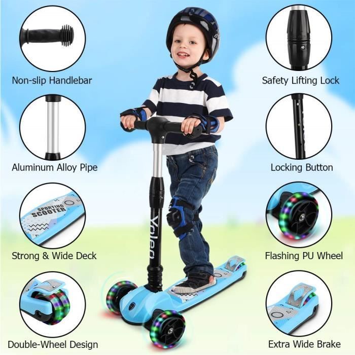 Yoleo Trottinette 3 Roues Enfant Pliable Lumineux Cadeau Jouet Garçon Fille 3 Ans à 12 Ans Hauteur Réglable Bleu
