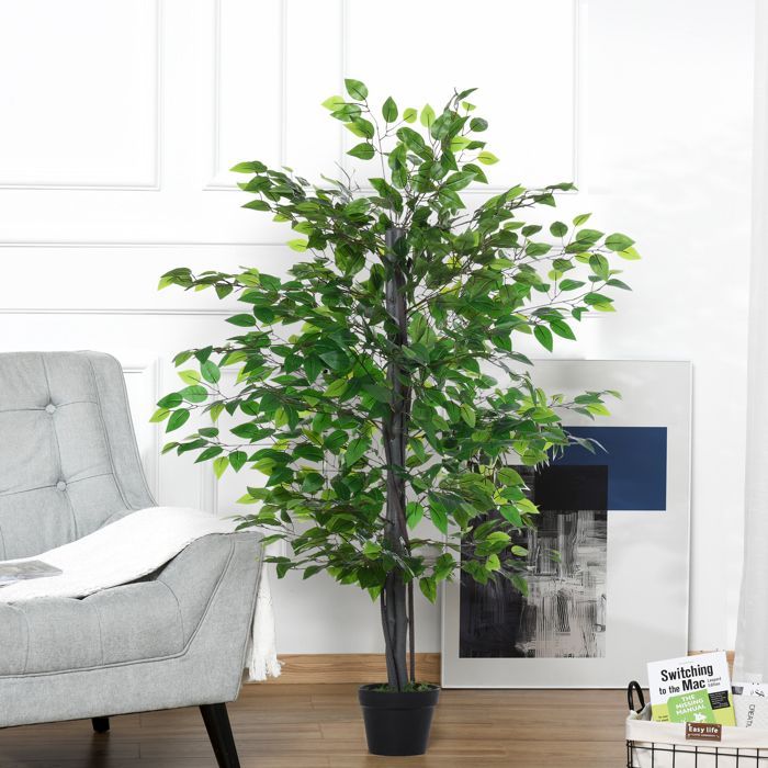 Planta artificial - Outsunny - ficus, 1,45 m de altura, tronco, ramas, enredaderas y líquenes realistas - plástico - 1,45 m