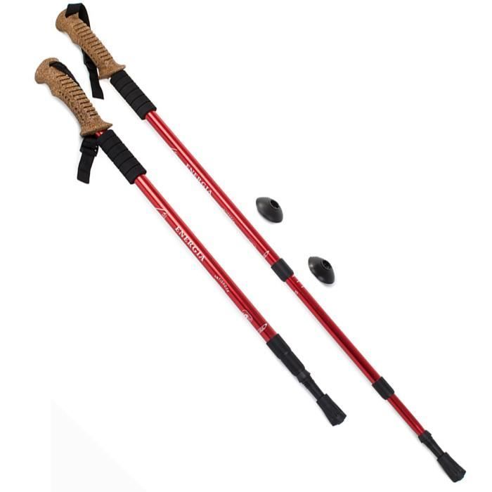 2 BASTONES DE CAMINAR NÓRDICOS ROJOS DE MADERA Y ALUMINIO ENERGIA CON RESORTE RESISTENTE A LOS GOLPES