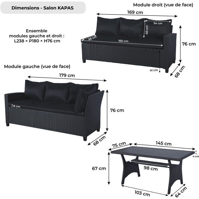 Conjunto de muebles de jardín - KAPAS - Estructura de acero y resina tejida - Negro - 5 personas