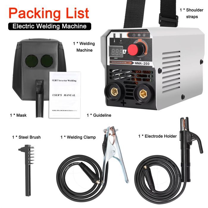 Soldadora inversora IGBT de 200 A - Soldadura MMA, MIG/MAG, TIG sin gas - Fuente de alimentación de 220 V - Diseño compacto y portátil
