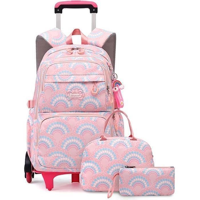 Mochila con ruedas para niñas de primaria - Rosa - Con lonchera y estuche para lápices - 6 ruedas para escaleras Rosa PZCC