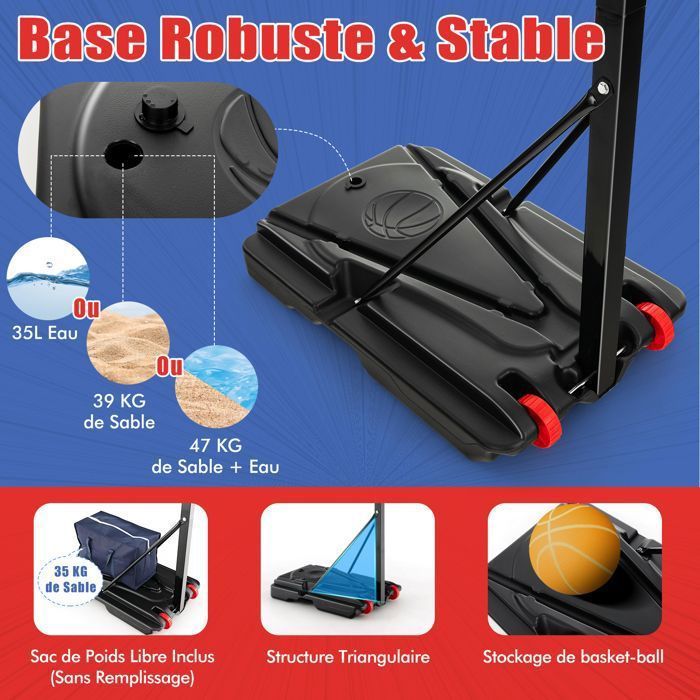 Aro de baloncesto independiente COSTWAY, altura ajustable de 105 a 260 cm, tablero de 82 cm, 2 ruedas, base rellenable de 35 L, balón y bomba incluidos.