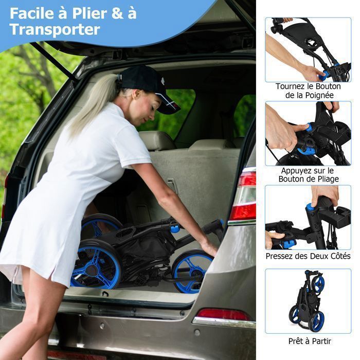 Carrito de golf plegable de 5 ruedas COSTWAY con correa elástica, soporte ajustable para paraguas y portavasos, bolsa con revestimiento de aluminio, color azul.