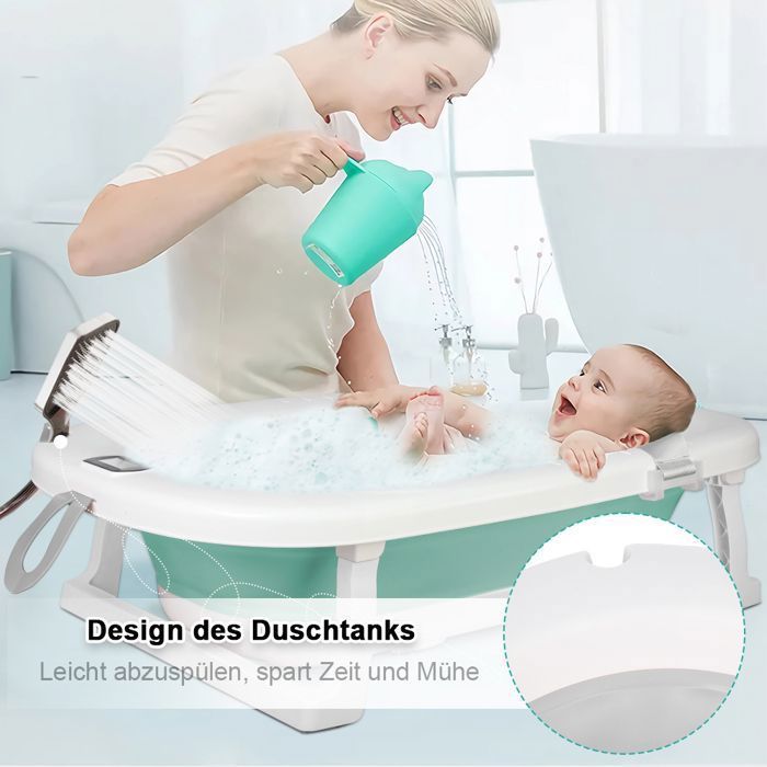 Bañera plegable para bebé con cojín y termómetro incorporado - Bañera infantil con soporte - 76*45*18 cm - Verde