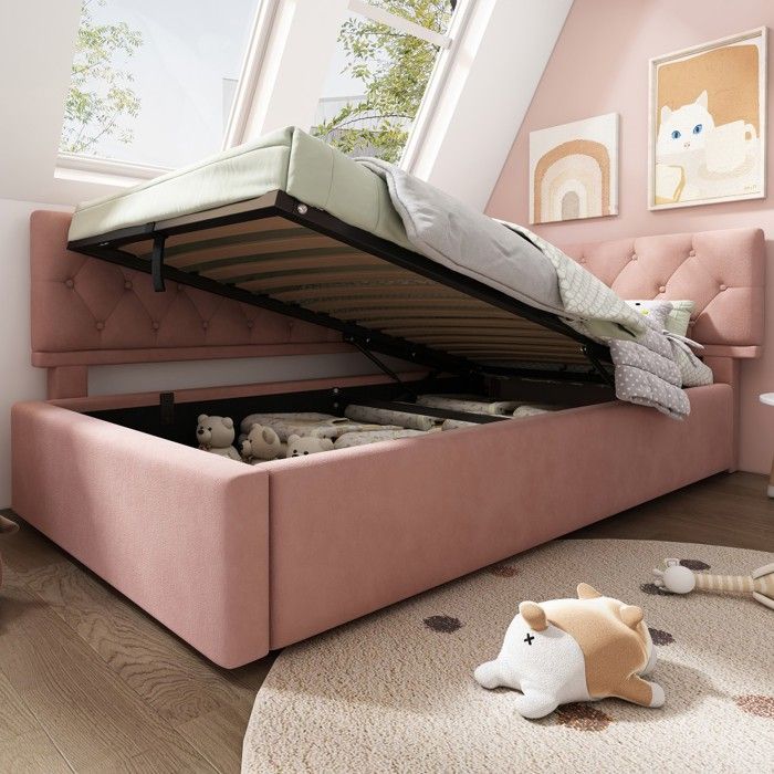 Lit Enfant Lit banquette 90x190 convertible hydraulique rose - Rangement, sommier lattes bois, velours - Enfant, ado, sans matelas