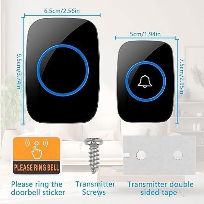 Sonnette sans Fil Exterieur300 Mètres, IP55 Étanche，60 Mélodies 、5 Niveaux Volume,  pour Maison au Bureau，LED noir