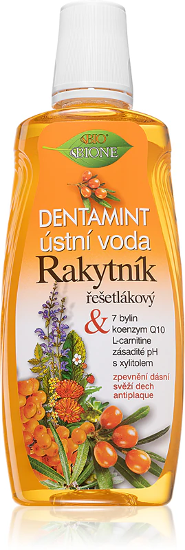 enxaguante bucal Rakytník da Bione Cosmetics reduz a placa bacteriana e mantém as gengivas saudáveis.
