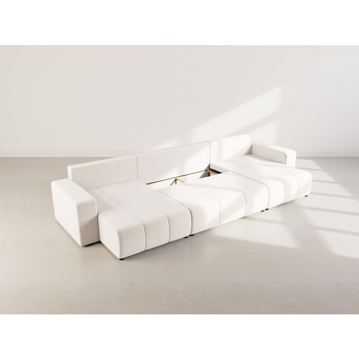 Nicole - Divano letto panoramico a forma di U a 7 posti con contenitore, in tessuto - Beige
