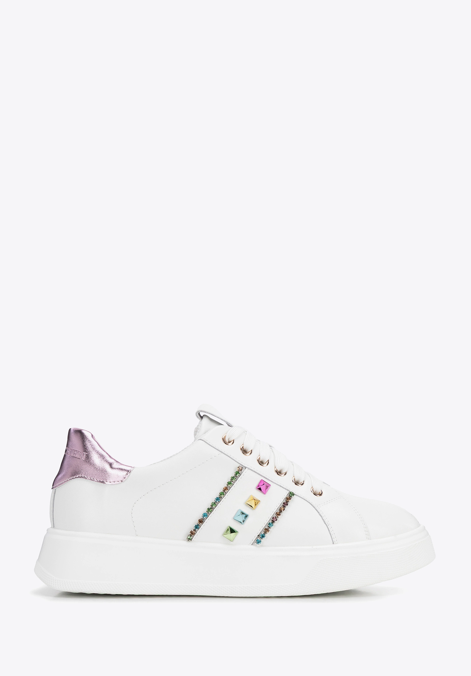 Sneakersy z imitacji skóry z ozdobami biało - różowe