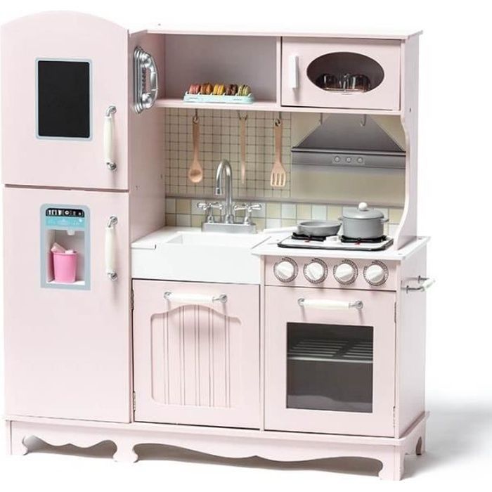 Cuisine en bois - Rose - Pour enfants - 95x32x103cm - Accessoires inclus