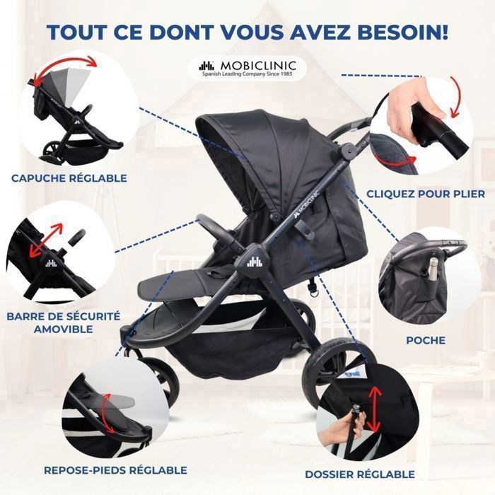Cochecito de 3 ruedas Mobiclinic, 22 kg, todoterreno, bolsillo trasero, estilo deportivo, plegado con una sola mano, cesta XXL, Agnes