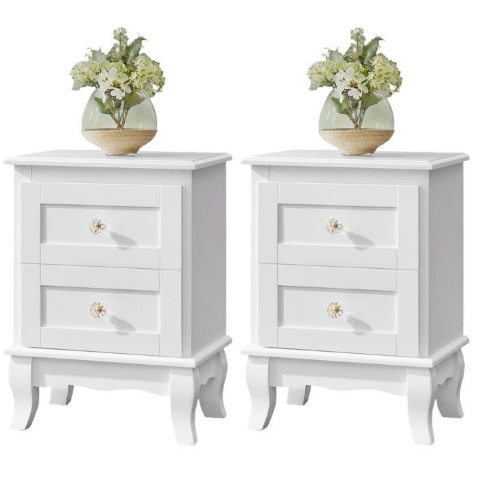 VASAGLE Comodino, Set da 2, Tavolino da notte, Tavolino piccolo con 2 cassetti, Gambe in legno di pino, Vano portaoggetti, Bianco